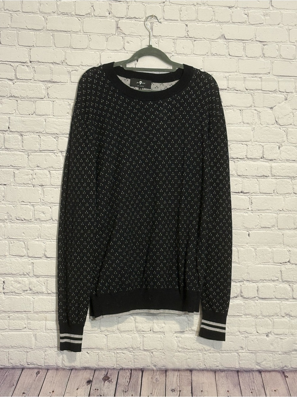 7 For All Mankind Black Crewneck Sweater with Contrast Stripes